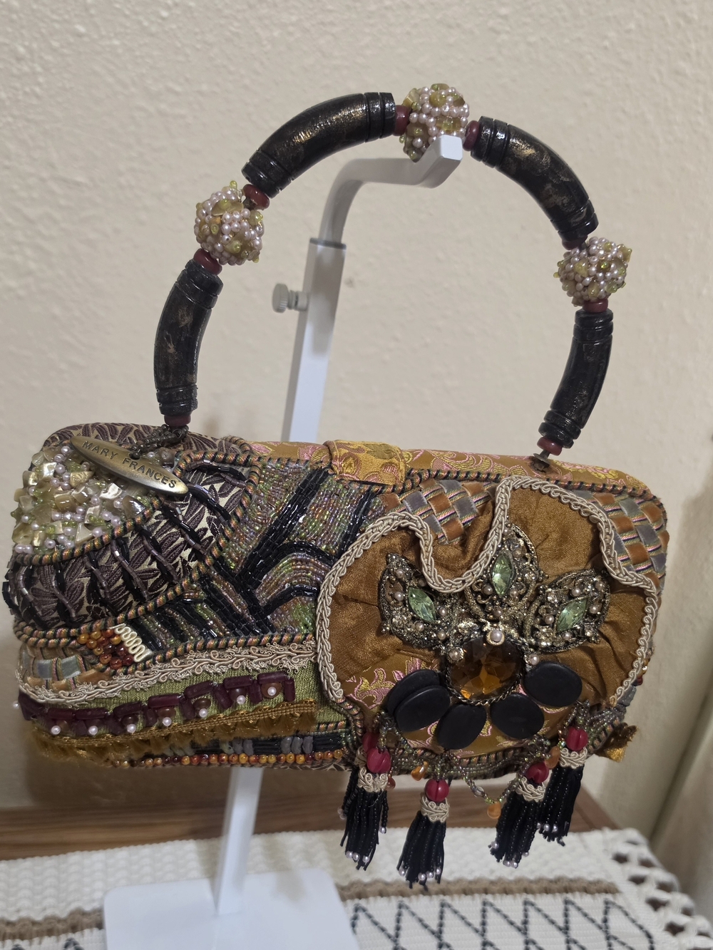 Mary Frances Embellished Floral Handle Bag in Brown & Green